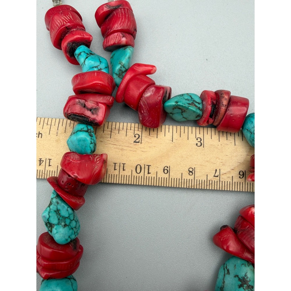 Vntg Red Coral Turquoise Nugget Necklace Large Cross Pendant Southwestern #1155 - Picture 6 of 7